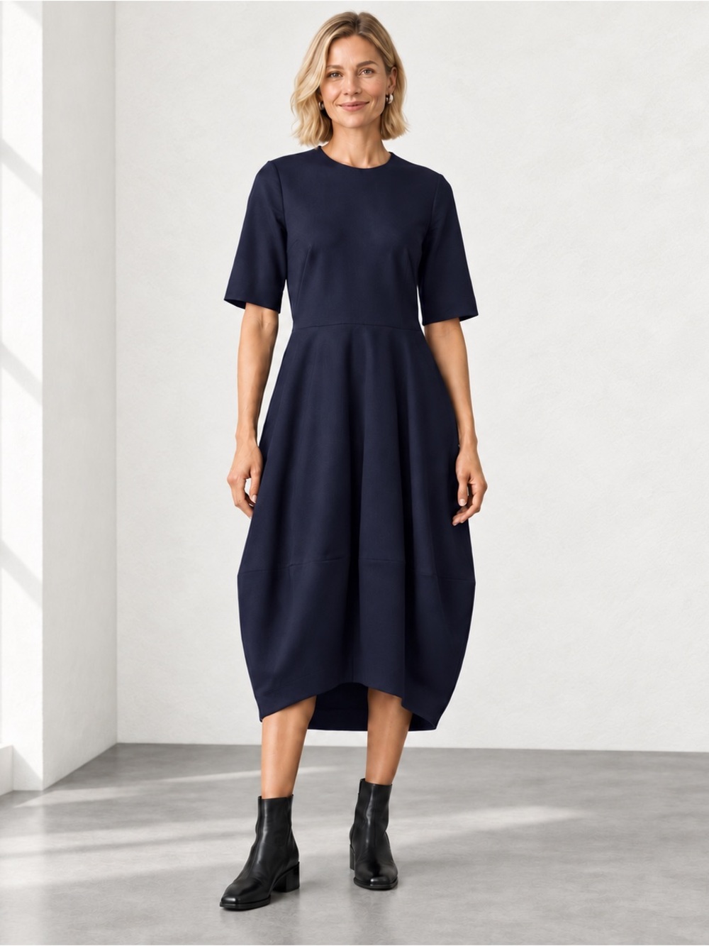 COS Sculpted Wool Cashmere Bubble Hem Midi Dress Navy US 6 Quiet Luxury